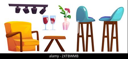 Cafe or coffee shop interior furniture and elements. Cartoon vector set of cozy modern restaurant and cafeteria objects - table and armchair, stools and lamp, glasses with wine and flower in vase. Stock Vector