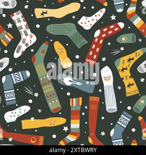 Seamless pattern with snowflakes and different doodle hand drawn socks on dark background. Vector illustration Stock Vector