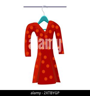 Dress on clothes hanger. Garment hanger rack with gown hanging on wooden hanger. Summer garment or outerwear season concept. Piece of wardrobe. Vector Stock Vector
