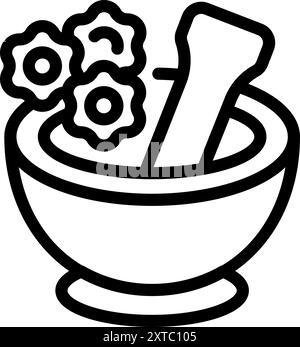 Simple, bold line icon of a mortar and pestle, actively crushing ingredients Stock Vector