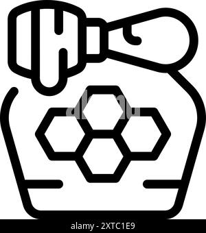 Simple line icon of a honey jar with a dipper dripping honey and a honeycomb pattern Stock Vector