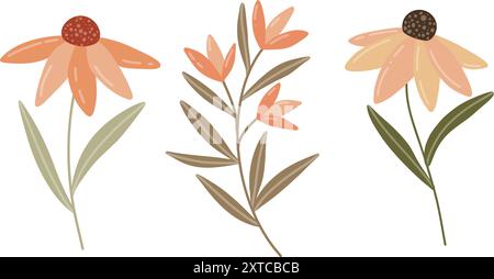 A simple autumn floral illustration featuring two stylized coneflowers and a branch with orange flowers, using muted tones of orange, brown, and green Stock Vector