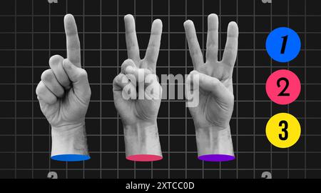 Set of trendy hands collage. Retro elements. Hands show one, two, three. Vintage vector set. Vector illustration Stock Vector