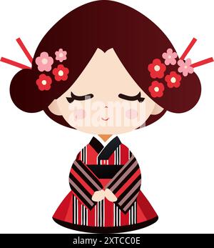 Cute kokeshi doll on white background. Vector illustration. Stock Vector