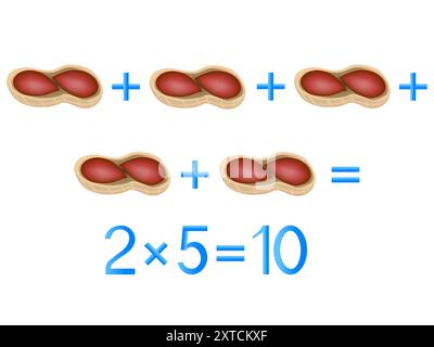 Educational games for children, multiplication action, example with peanuts. Stock Vector