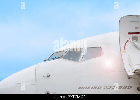 Cockpit of the Boeing 737 800 plane seen from the outside. Congonhas Airport, São Paulo, Brazil. Nose of the Airfrance plane. Stock Photo