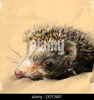 Digitally enhanced image of an orphaned juvenile Southern white-breasted Hedgehog (Erinaceus concolor) قنفذ Stock Photo