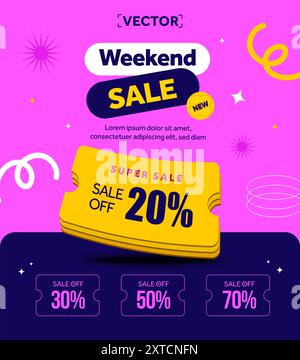 Weekend sale coupon banner template in 3d with coupon code, percentage off, isolated on background. Gift voucher newsletter poster. 3d coupon vector. Vector illustration Stock Vector