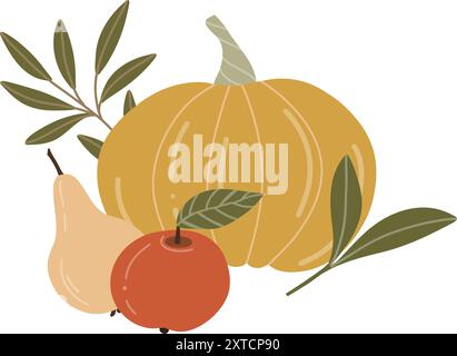 Flat illustration of pumpkin, pear, apple with green leaves. Vector composition for the harvest festival. Clipart for cards, prints, banners on an Stock Vector