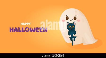 Happy Halloween banner. Ghost holding a black kitten. Vector illustration. Stock Vector