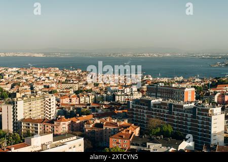 Lisbon, Portugal, with binocular binocular from Amoreiras 360 panoramic terrace. High quality photo Stock Photo