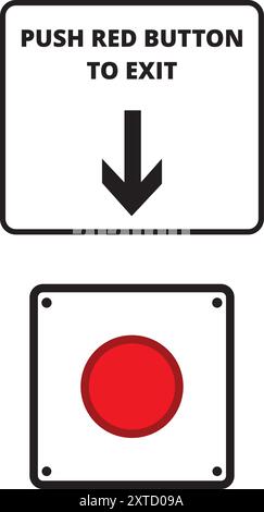Push red button to exit door banner with red button symbol on a white background Stock Vector