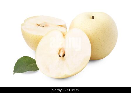 Fresh apple pears and green leaf isolated on white Stock Photo