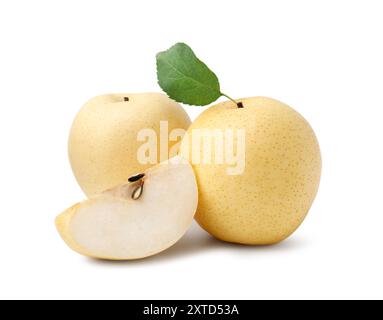 Fresh apple pears and green leaf isolated on white Stock Photo