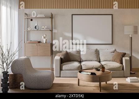 Contemporary interior design of the living room in soft neutral tones. Interior mockup Stock Photo