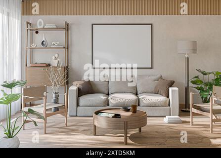 Contemporary interior design of the living room in soft neutral tones. Interior mockup Stock Photo