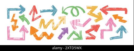 Hand drawn arrows vector set isolated on white background. Colorful brush stroke arrow collection different shape. Direction graphic design elements in sketch style. Bold pointer icons grunge texture. Stock Vector