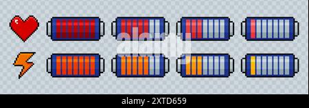 Set of pixel battery charge indicator icons. Phone charging levels in 8bit retro style. Pixelated batteries, love hearts or lightning symbol. Full power and low energy status on transparent background Stock Vector