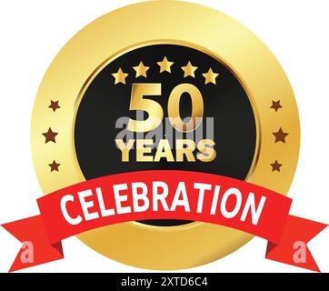 50 Years Celebration seal, 50 Years Golden Logo, 50 Years Anniversary, Fifty Years Celebration with Red Ribbon, Celebration in Golden Red ribbon Stock Vector