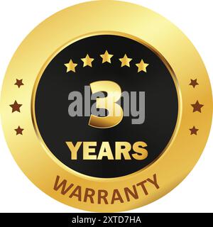 3 Years Warranty Seal, warranty seal in Golden, three years warranty seal stamp, Gold sealed warranty label Stock Vector