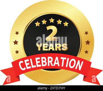 2 Years Celebration seal, 2 Years Golden Logo, 2 Years Anniversary, Two Years Celebration with Red Ribbon, Celebration in Golden Red ribbon Stock Vector