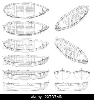 Set with outline of fishing wooden boat in different positions from black lines isolated on white background. Vector illustration. Stock Vector