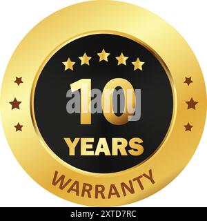 10 years Warranty Seal, warranty seal in Golden, ten years warranty seal stamp, Gold sealed warranty label Stock Vector