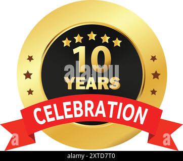 10 Years Celebration seal, 10 Years Golden Logo, 10 Years Anniversary, Ten Years Celebration with Red Ribbon, Celebration in Golden Red ribbon Stock Vector