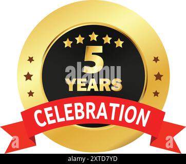 5 Years Celebration seal, 5 Years Golden Logo, 5 Years Anniversary, Five Years Celebration with Red Ribbon, Celebration in Golden Red ribbon Stock Vector