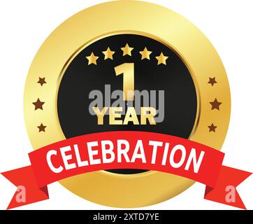 1 Year Celebration seal, 1 Year Golden Logo, 1 Year Anniversary, One Year Celebration with Red Ribbon, Celebration in Golden Red ribbon Stock Vector