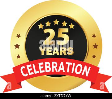 25 Years Celebration seal, 25 Years Golden Logo, 25 Years Anniversary, Twenty Five Years Celebration with Red Ribbon, Celebration in Golden Red ribbon Stock Vector