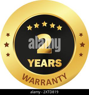 2 Years Warranty Seal, warranty seal in Golden, two years warranty seal stamp, Gold sealed warranty label Stock Vector
