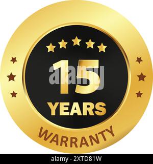 15 years Warranty Seal, warranty seal in Golden, fifteen years warranty seal stamp, Gold sealed warranty label Stock Vector