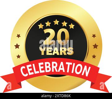 20 Years Celebration seal, 20 Years Golden Logo, 20 Years Anniversary, Twenty Years Celebration with Red Ribbon, Celebration in Golden Red ribbon Stock Vector