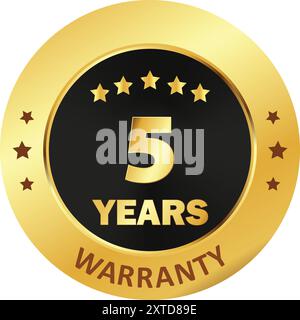 5 Years Warranty Seal, warranty seal in Golden, five years warranty seal stamp, gold sealed warranty label Stock Vector