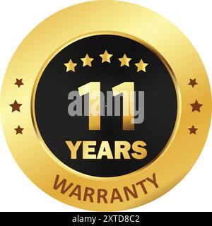 11 years Warranty Seal, warranty seal in Golden, eleven years warranty seal stamp, Gold sealed warranty label Stock Vector