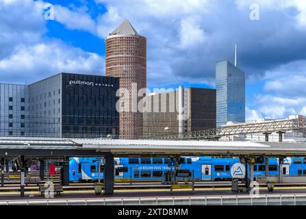 Lyon's main station - Gare De Lyon - Part-Dieu. 3 sky scrapers are 1, Pullman Lyon hotel, 2 Radisson Blu Hotel and 3 Tour Incity Business Centre. Stock Photo
