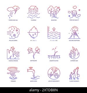 Effects of climate change icon set. Extreme weather, overall warming. Vector illustration. Stock Vector