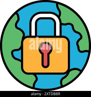 A black and white image of a key on a globe. The globe is surrounded by a circle and the key is in the center. Concept of security and protection, as Stock Vector