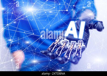 A man is holding a robotic hand with a blue background that says AI Stock Photo