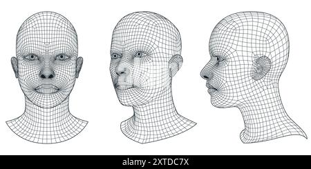 Set of vector 3d wireframe human heads. Geometric grid mesh man or woman front, profile and isometric illustration. Future high technology, artificial Stock Vector