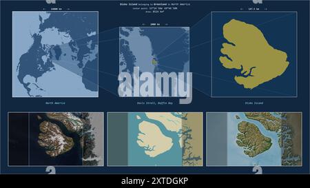 Disko Island in the Baffin Bay - belonging to Greenland. Described location diagram with yellow shape of the island and sample maps of its surrounding Stock Photo