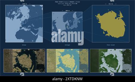 Funen Island in the Kattegat - belonging to Denmark. Described location diagram with yellow shape of the island and sample maps of its surroundings Stock Photo