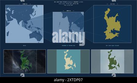 Jar Lann Kyun Island in the Andaman or Burma Sea - belonging to Myanmar. Described location diagram with yellow shape of the island and sample maps of Stock Photo