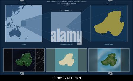 Kosrae Island in the North Pacific Ocean - belonging to Federated States of Micronesia. Described location diagram with yellow shape of the island and Stock Photo