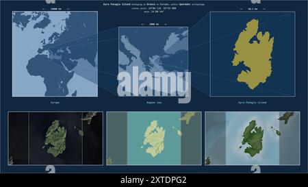 Kyra Panagia Island in the Aegean Sea - belonging to Greece. Described location diagram with yellow shape of the island and sample maps of its surroun Stock Photo