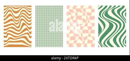 Groovy psychedelic checkered and wavy patterns set. Stock Vector