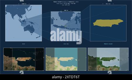 Madura Island in the Java Sea - belonging to Indonesia. Described location diagram with yellow shape of the island and sample maps of its surroundings Stock Photo