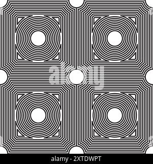 Geometric op art seamless pattern in black and white color. Repeatable vector illustration for optical illusion, floor tile, background. Stock Vector