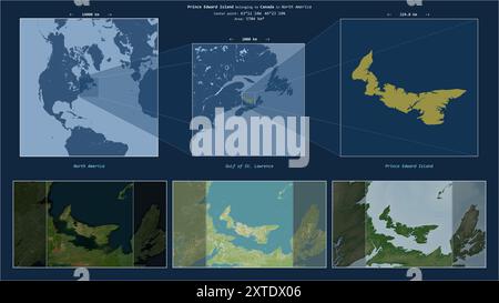 Prince Edward Island in the Gulf of St. Lawrence - belonging to Canada. Described location diagram with yellow shape of the island and sample maps of Stock Photo